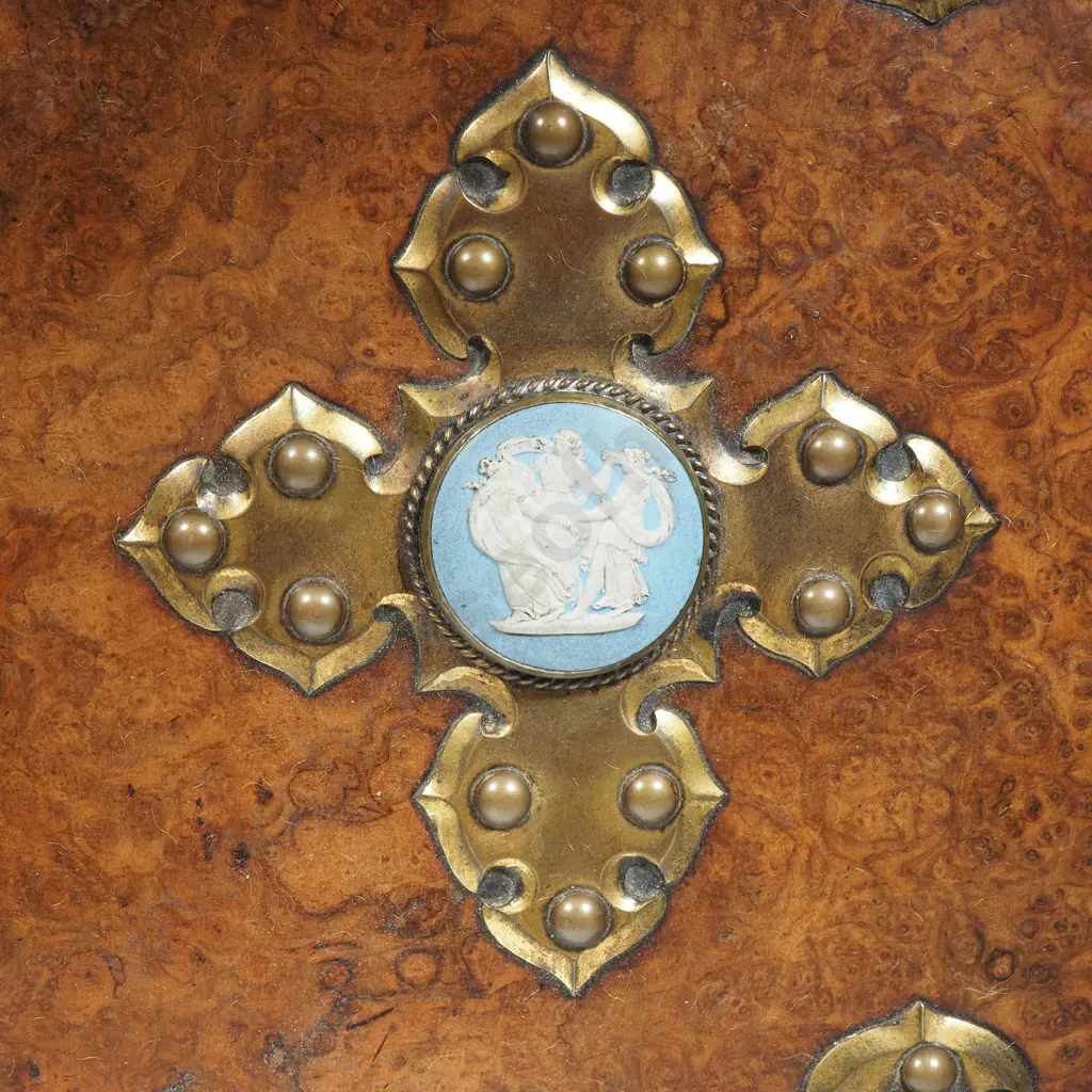Mid Victorian Burr Walnut Stationery Folder In Gothic Style w Blue Jasperware Roundels & Blue Watered Silk Inside Image 1++