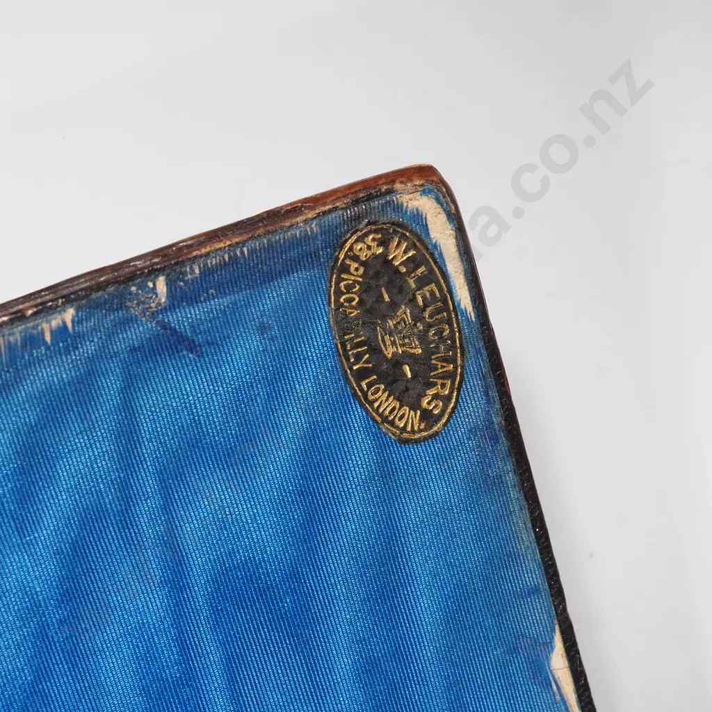 Mid Victorian Burr Walnut Stationery Folder In Gothic Style w Blue Jasperware Roundels & Blue Watered Silk Inside Image 1++