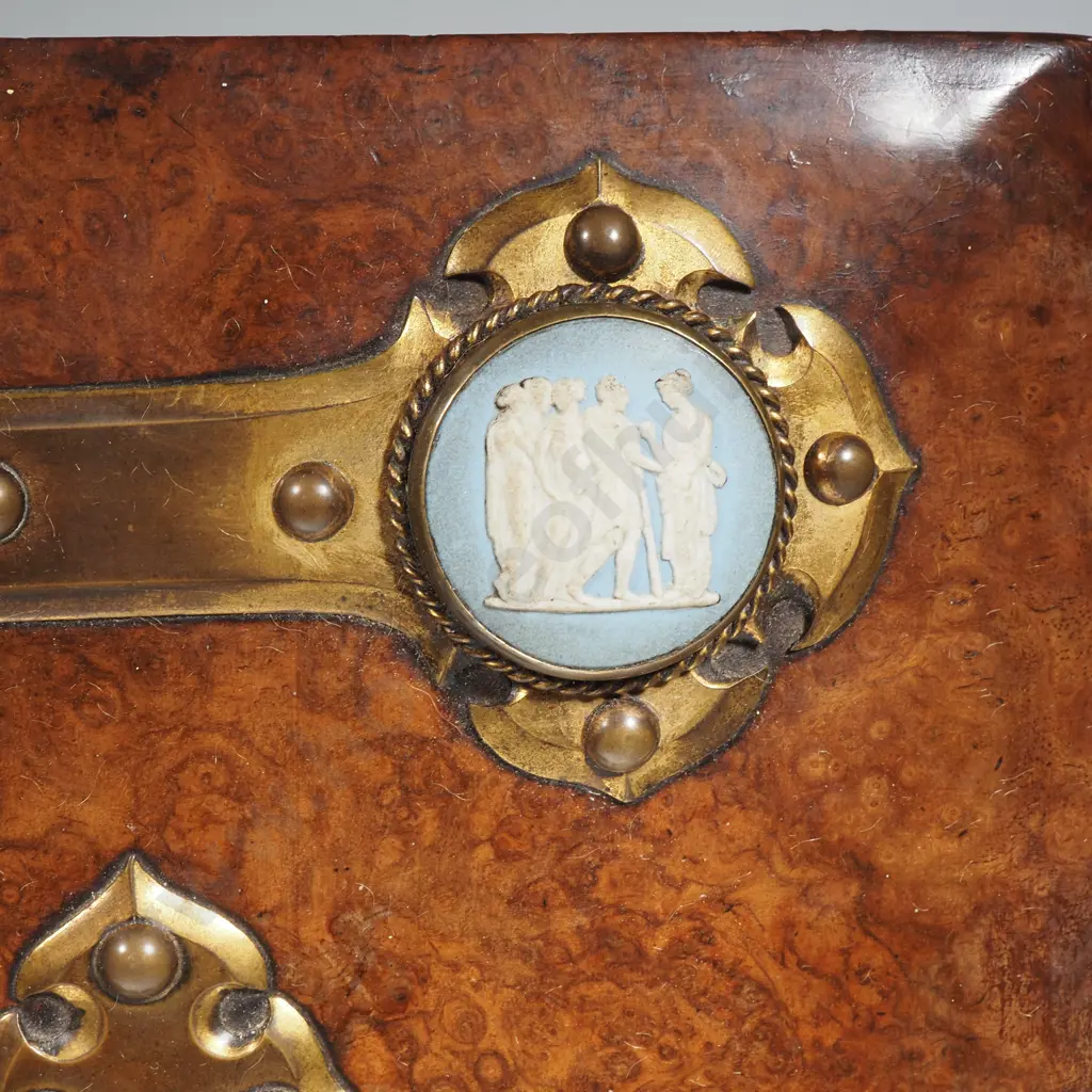 Mid Victorian Burr Walnut Stationery Folder In Gothic Style w Blue Jasperware Roundels & Blue Watered Silk Inside Image 1++