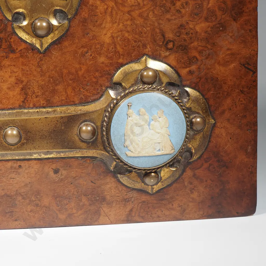Mid Victorian Burr Walnut Stationery Folder In Gothic Style w Blue Jasperware Roundels & Blue Watered Silk Inside Image 1++