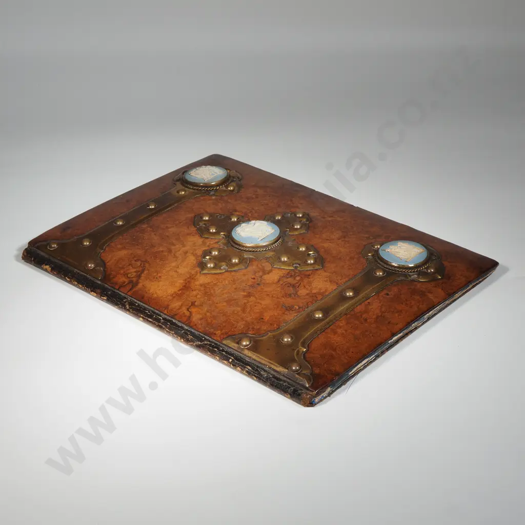 Mid Victorian Burr Walnut Stationery Folder In Gothic Style w Blue Jasperware Roundels & Blue Watered Silk Inside Image 1++