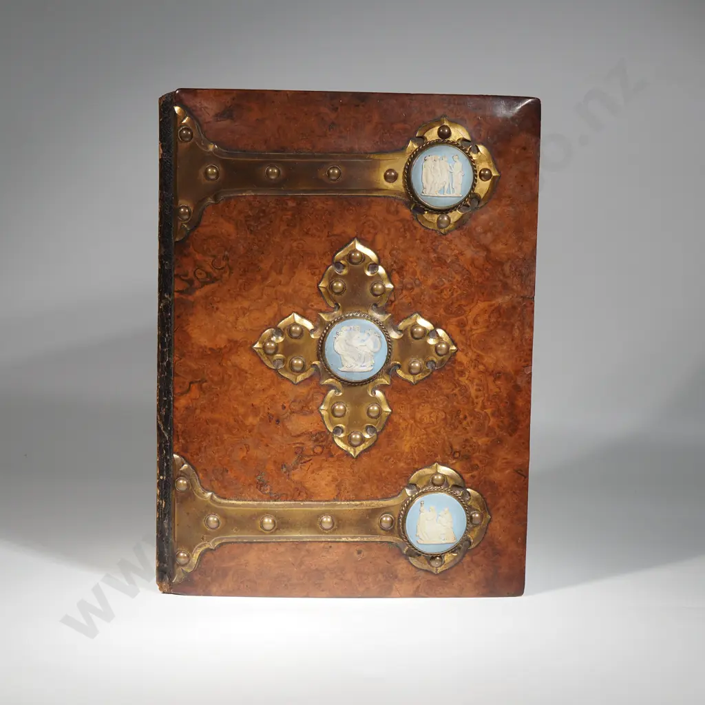 Mid Victorian Burr Walnut Stationery Folder In Gothic Style w Blue Jasperware Roundels & Blue Watered Silk Inside Image 1++