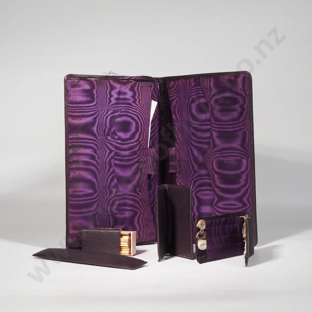 Vintage Gentleman's Leather Travelling Companion/Suitcase w Canvas Covering - The Fitted Interior w Purple Watered Silk Image 1++