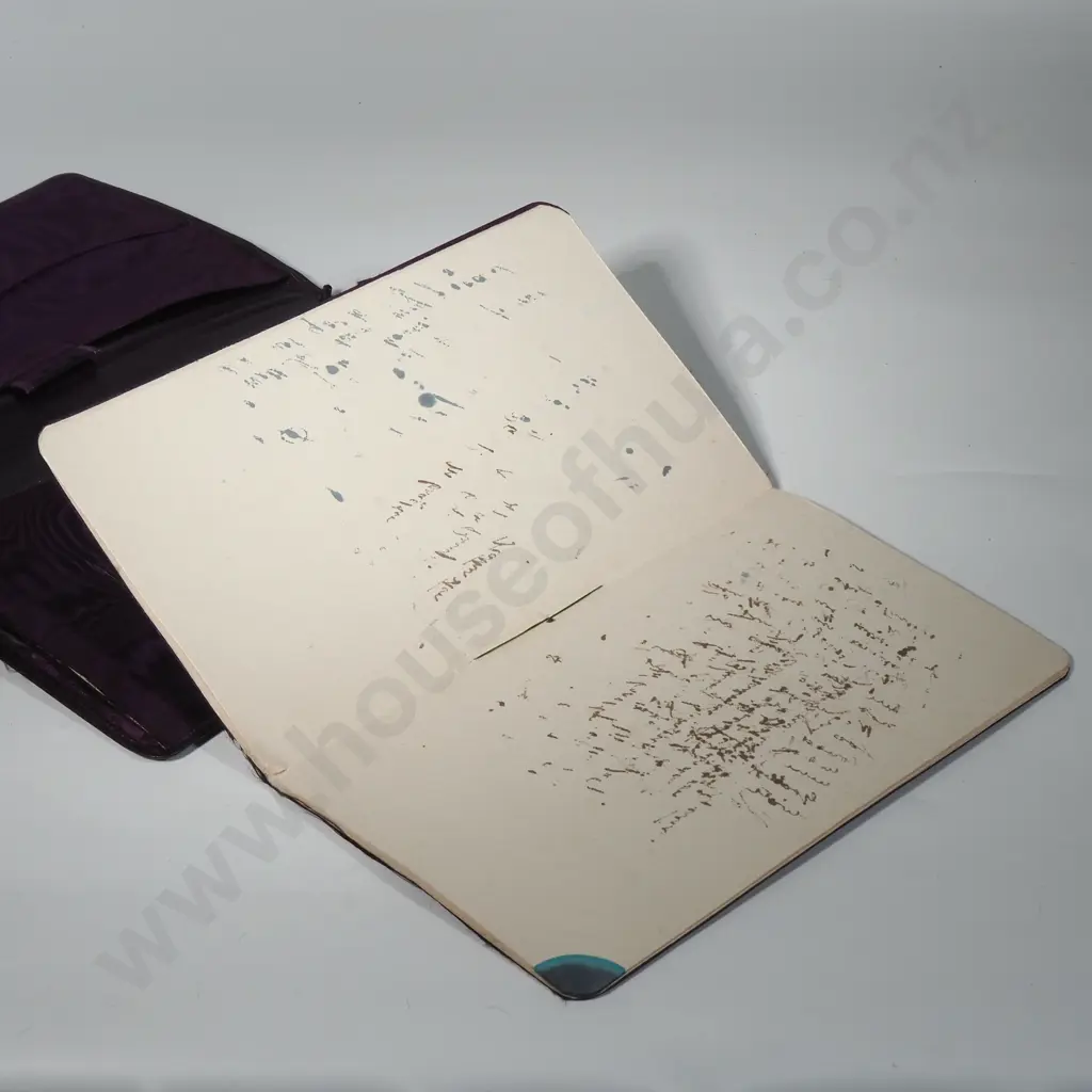 Vintage Gentleman's Leather Travelling Companion/Suitcase w Canvas Covering - The Fitted Interior w Purple Watered Silk Image 1++