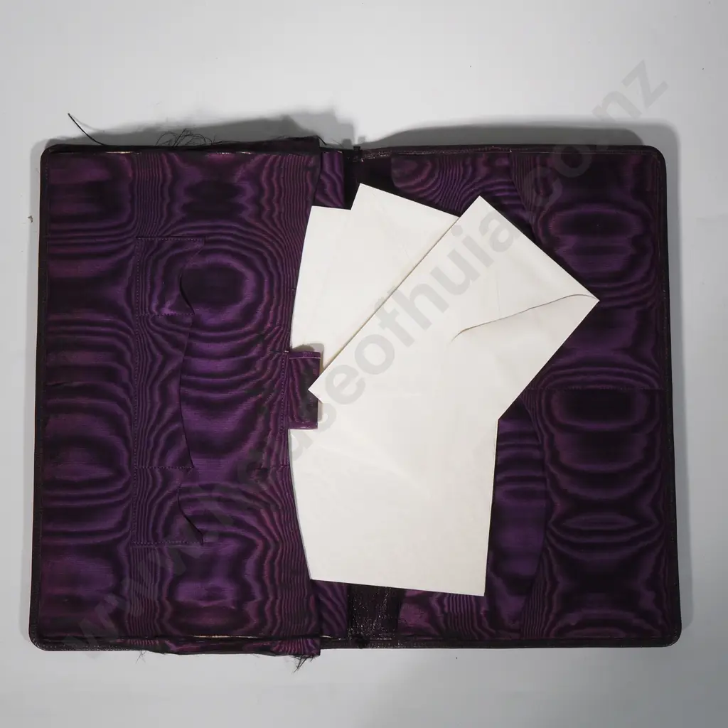 Vintage Gentleman's Leather Travelling Companion/Suitcase w Canvas Covering - The Fitted Interior w Purple Watered Silk Image 1++