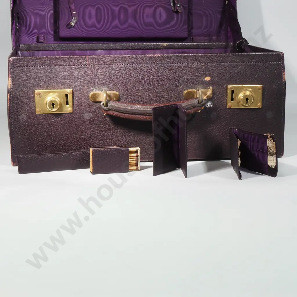 Vintage Gentleman's Leather Travelling Companion/Suitcase w Canvas Covering - The Fitted Interior w Purple Watered Silk Image 1++