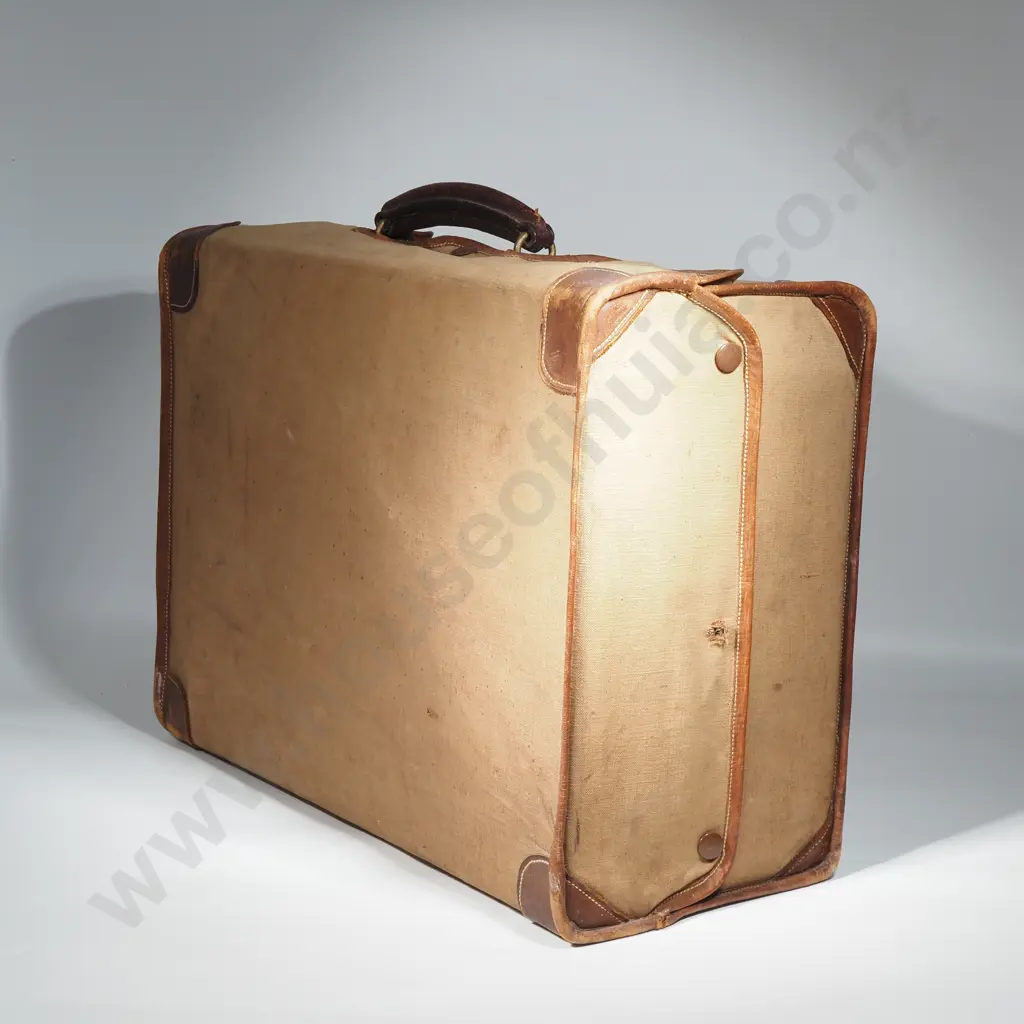 Vintage Gentleman's Leather Travelling Companion/Suitcase w Canvas Covering - The Fitted Interior w Purple Watered Silk Image 1++