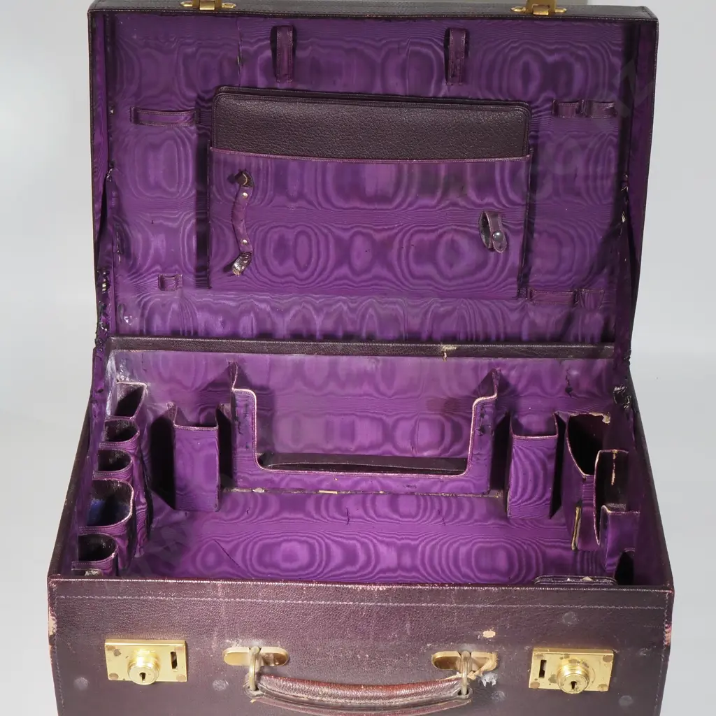 Vintage Gentleman's Leather Travelling Companion/Suitcase w Canvas Covering - The Fitted Interior w Purple Watered Silk Image 1++