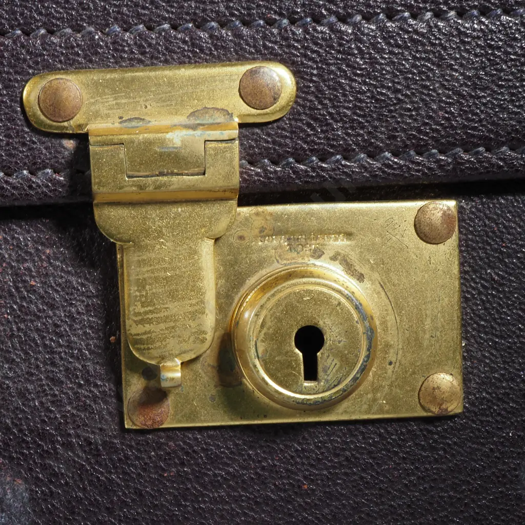 Vintage Gentleman's Leather Travelling Companion/Suitcase w Canvas Covering - The Fitted Interior w Purple Watered Silk Image 1++