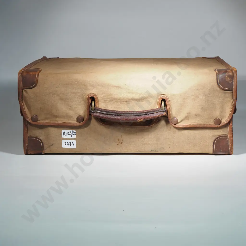 Vintage Gentleman's Leather Travelling Companion/Suitcase w Canvas Covering - The Fitted Interior w Purple Watered Silk Image 1++