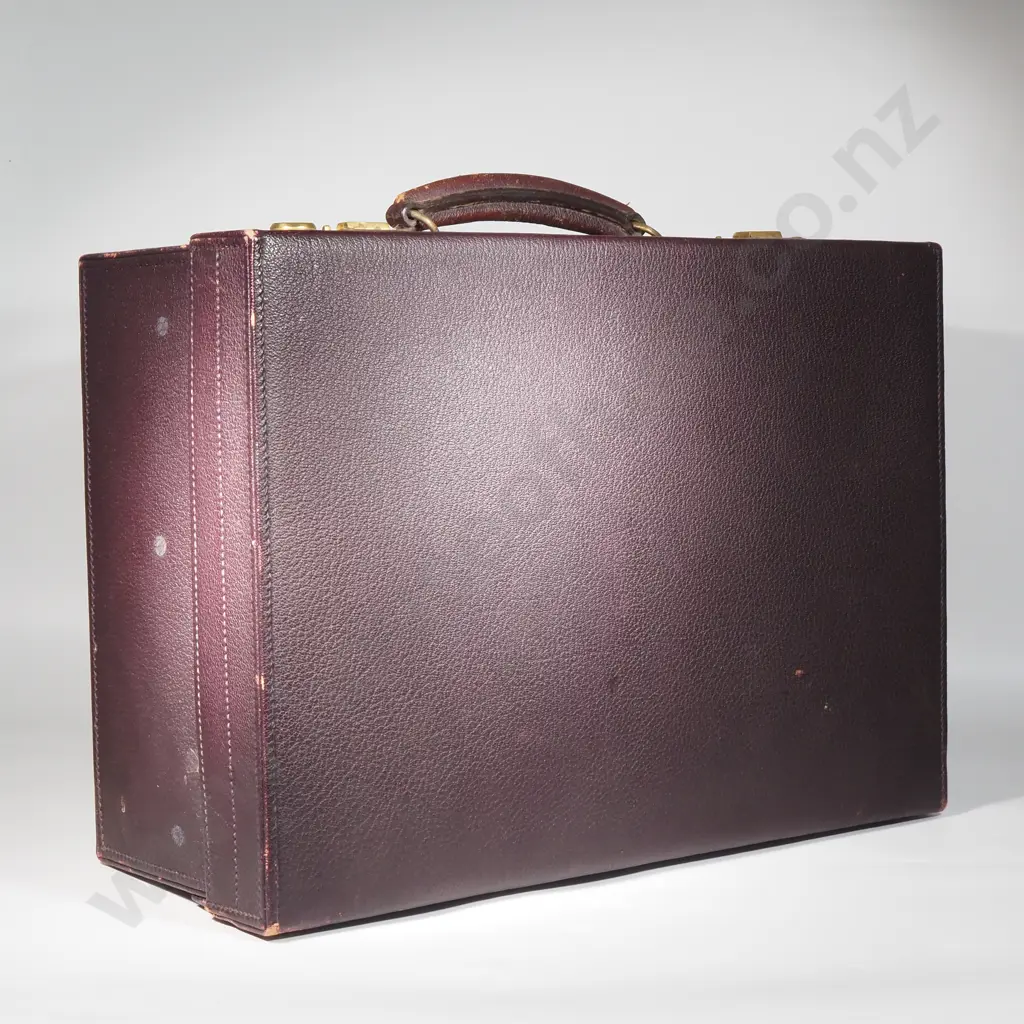 Vintage Gentleman's Leather Travelling Companion/Suitcase w Canvas Covering - The Fitted Interior w Purple Watered Silk Image 1++
