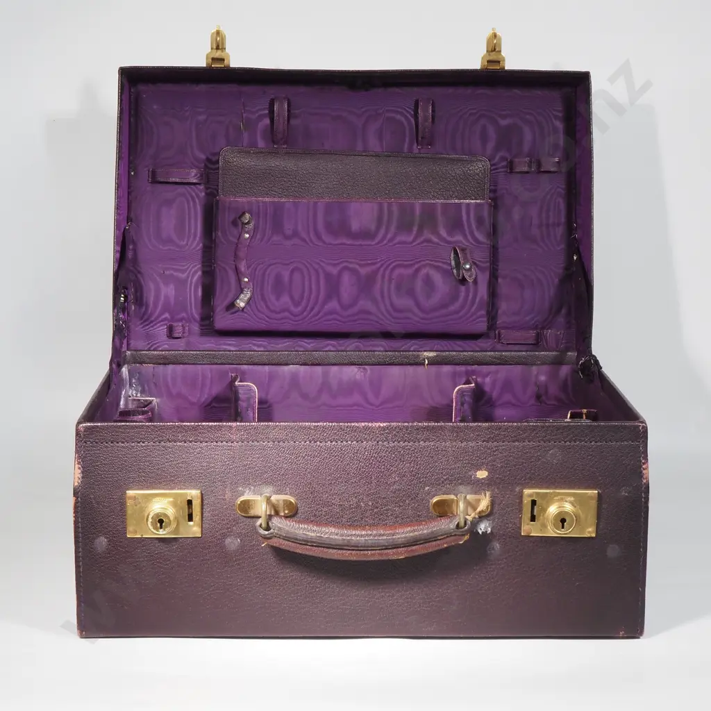 Vintage Gentleman's Leather Travelling Companion/Suitcase w Canvas Covering - The Fitted Interior w Purple Watered Silk Image 1++