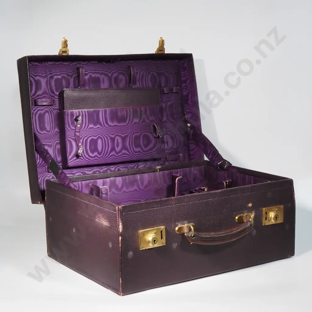Vintage Gentleman's Leather Travelling Companion/Suitcase w Canvas Covering - The Fitted Interior w Purple Watered Silk Image 1++