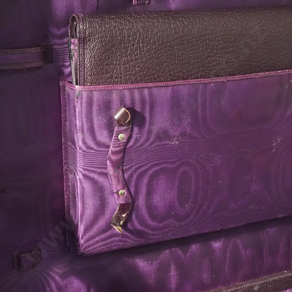 Vintage Gentleman's Leather Travelling Companion/Suitcase w Canvas Covering - The Fitted Interior w Purple Watered Silk Image 1++