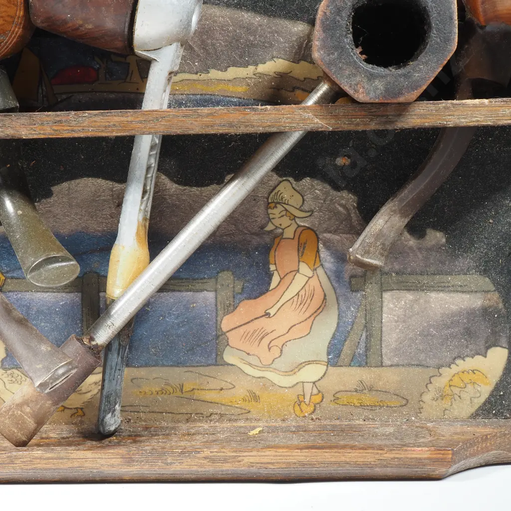 Art Deco Silver Foil Pipe Rack w Dutch Scene - Young Girl & Windmill w A Collection Of Five Vintage Pipes Image 1++