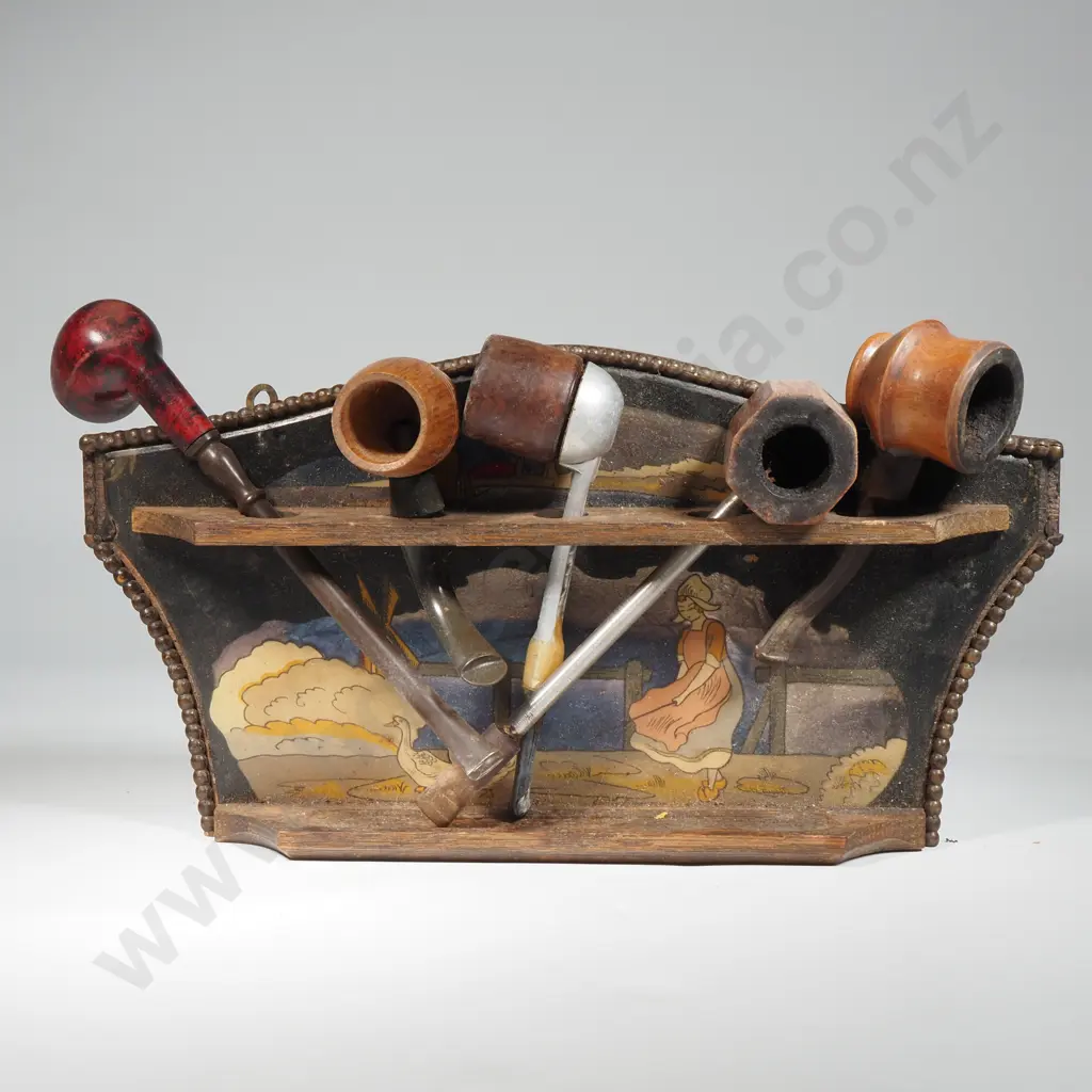 Art Deco Silver Foil Pipe Rack w Dutch Scene - Young Girl & Windmill w A Collection Of Five Vintage Pipes Image 1++