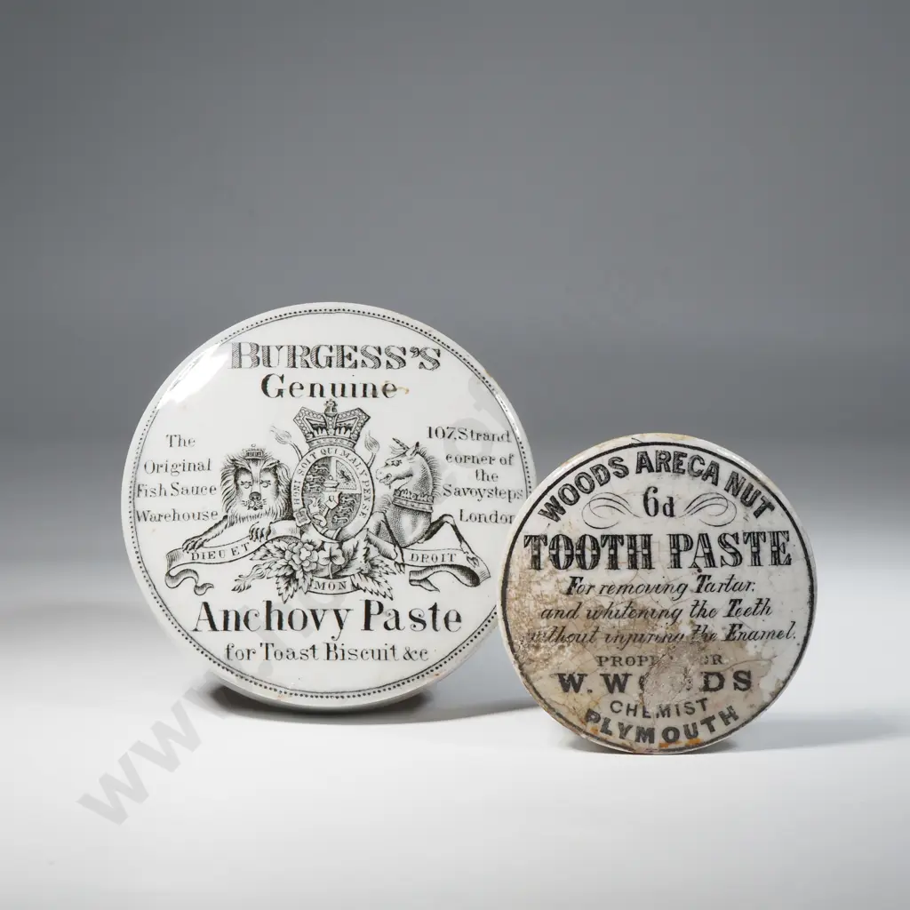 Porcelain Jar Lid Burgess's Genuine Anchovy Paste Antique - Circa 1900 & A Woods Areca Nut Tooth Paste Lid (AF)) Image 1++