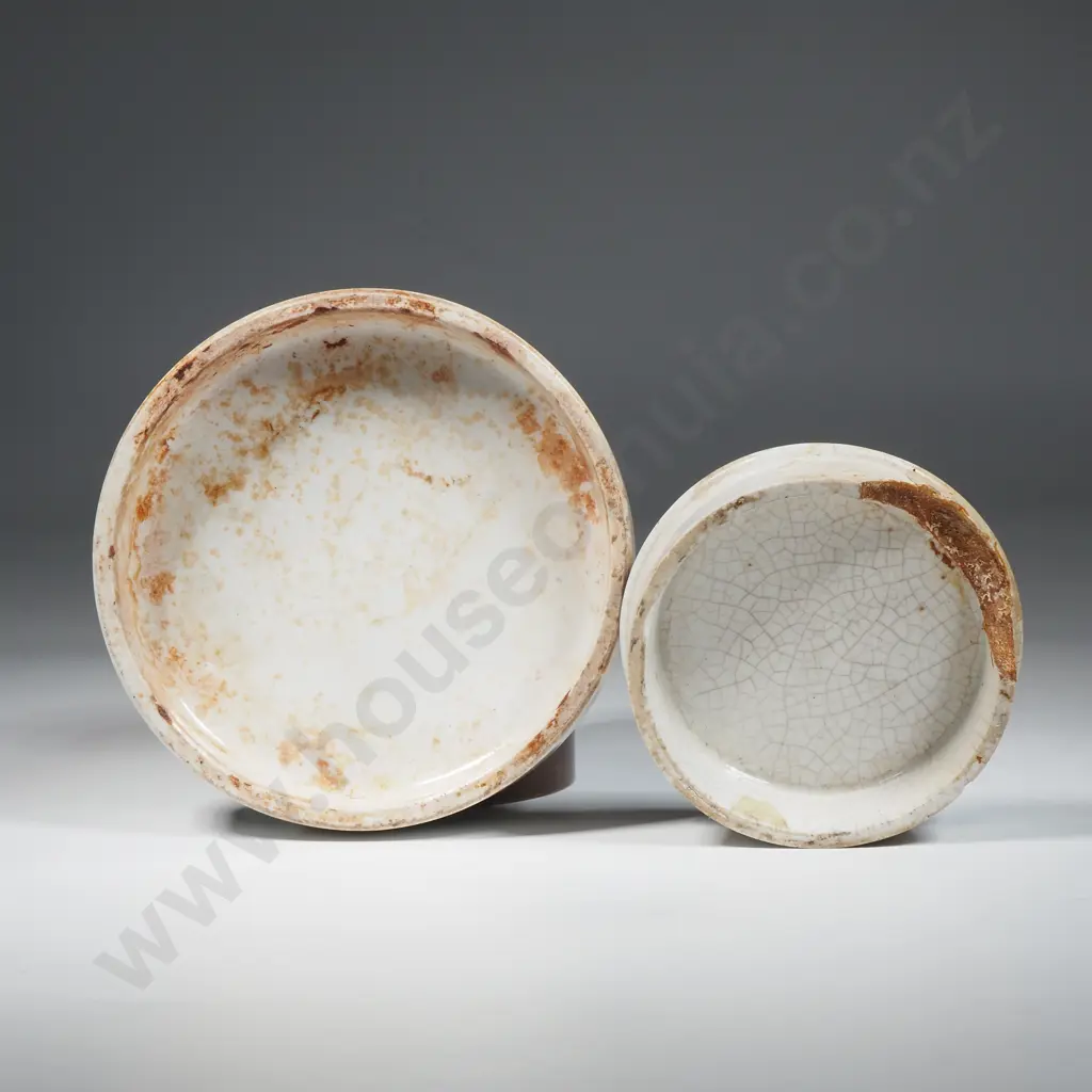 Porcelain Jar Lid Burgess's Genuine Anchovy Paste Antique - Circa 1900 & A Woods Areca Nut Tooth Paste Lid (AF)) Image 1++