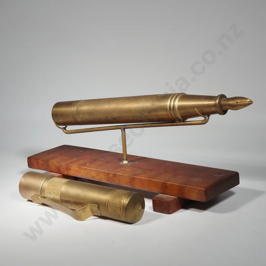 Decorative Oversized Brass Pen On Swivel Stand & Wooden Base Image 1++