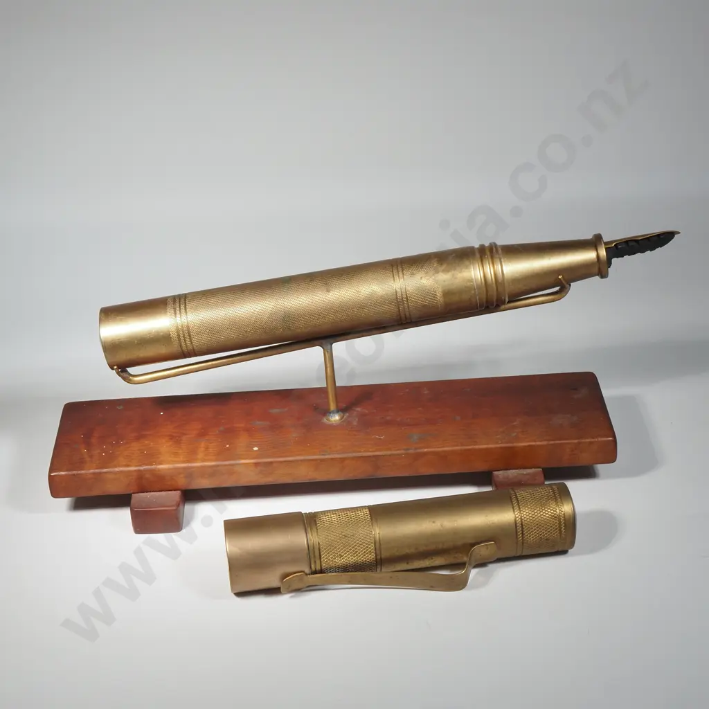 Decorative Oversized Brass Pen On Swivel Stand & Wooden Base Image 1++
