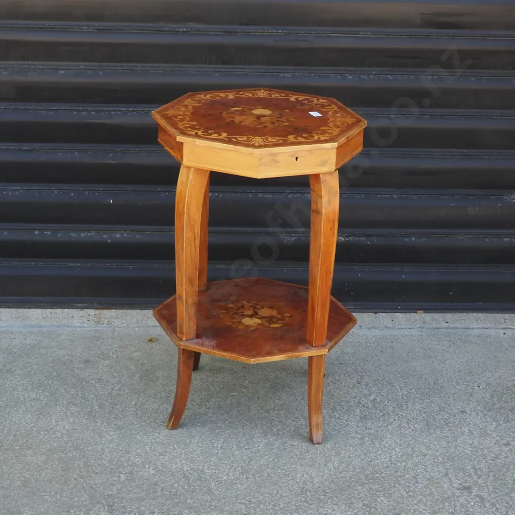 Vintage Italian Octagon Two Tiered Marquetry Music Box Table Image 1++