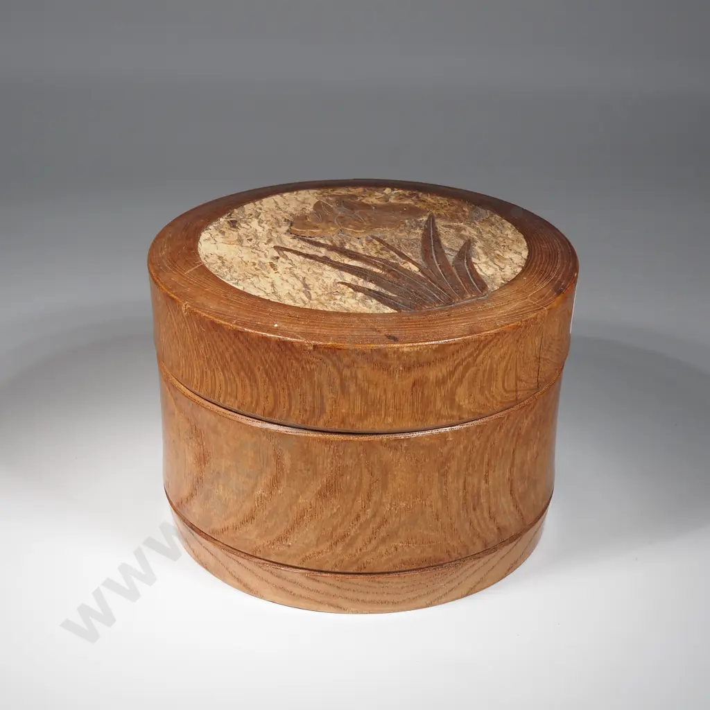 Antique Hand Carved Circular Collar Box w Carved Lid Depicting An Iris Image 1++