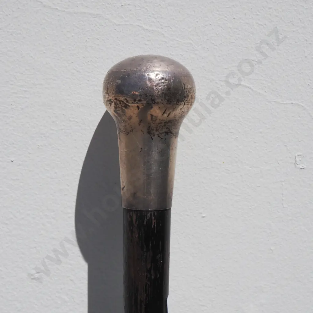 Ebonised Wooden Walking Stick w Sterling Silver Knop Image 1++