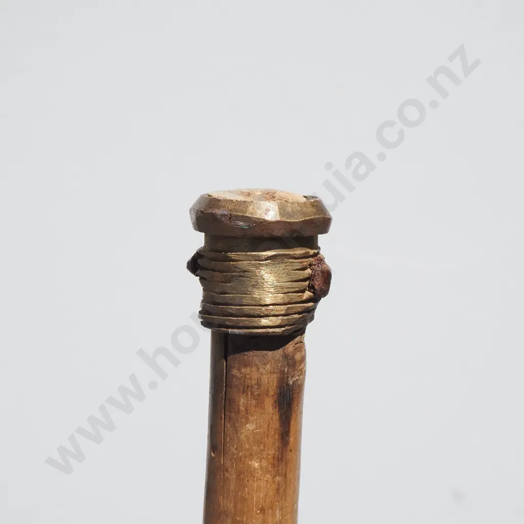 Wooden Walking Cane w Curved Handle - Six Metal Souvenir Plates & Base Image 1++