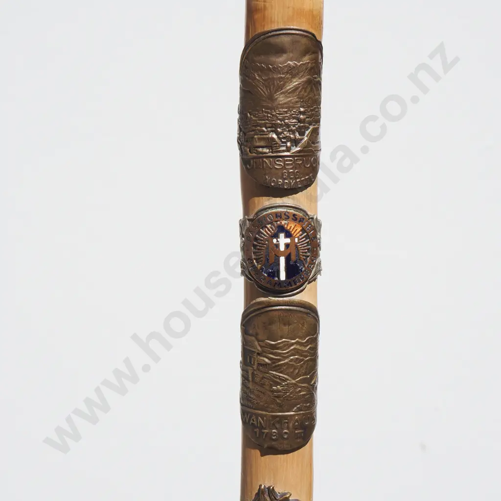 Wooden Walking Cane w Curved Handle - Six Metal Souvenir Plates & Base Image 1++