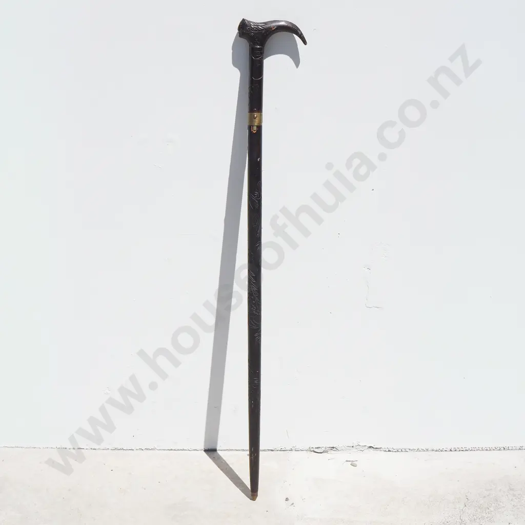 Carved Wooden Sword Stick Of Unknown Origin w Brass Mounts Image 1++