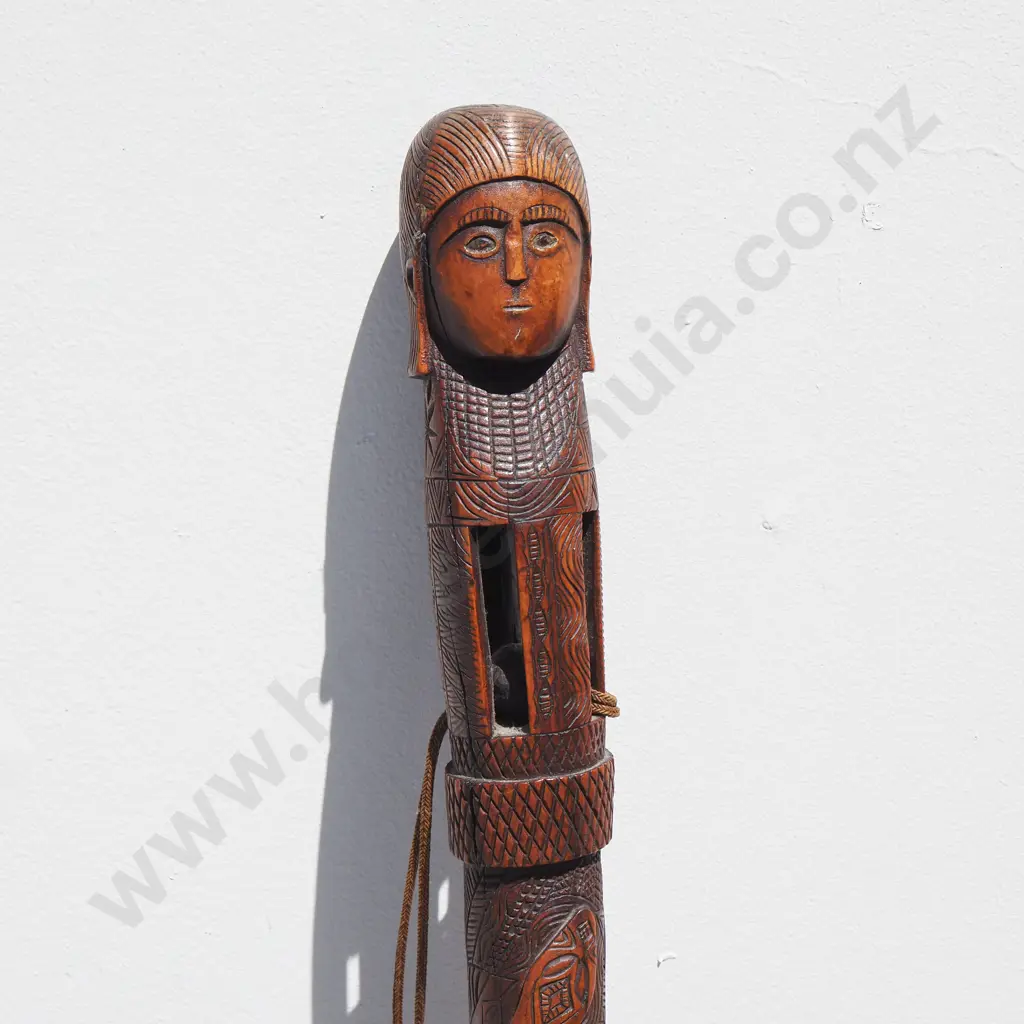 Wooden Walking Stick w Detailed Carvings - Snake Motif w Brass Trim & Wooden Toggle & String Image 1++