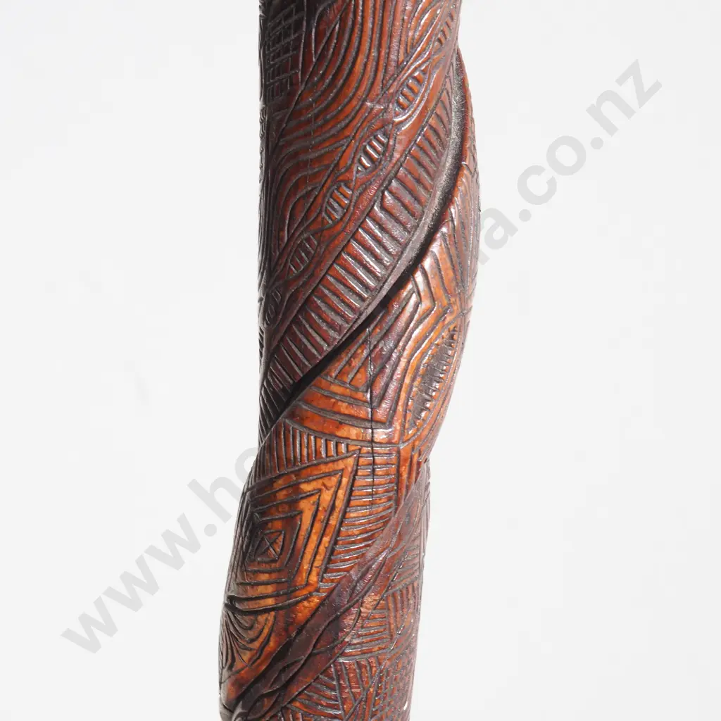 Wooden Walking Stick w Detailed Carvings - Snake Motif w Brass Trim & Wooden Toggle & String Image 1++