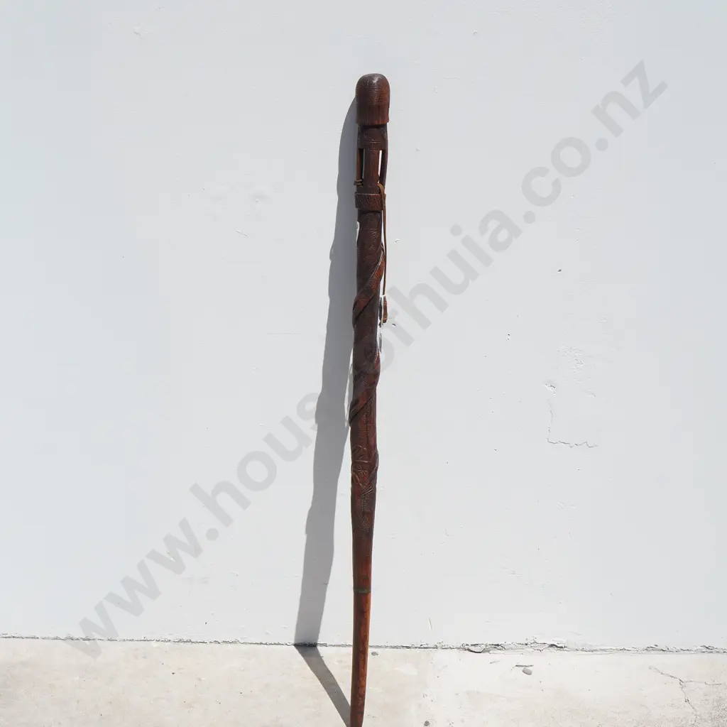 Wooden Walking Stick w Detailed Carvings - Snake Motif w Brass Trim & Wooden Toggle & String Image 1++