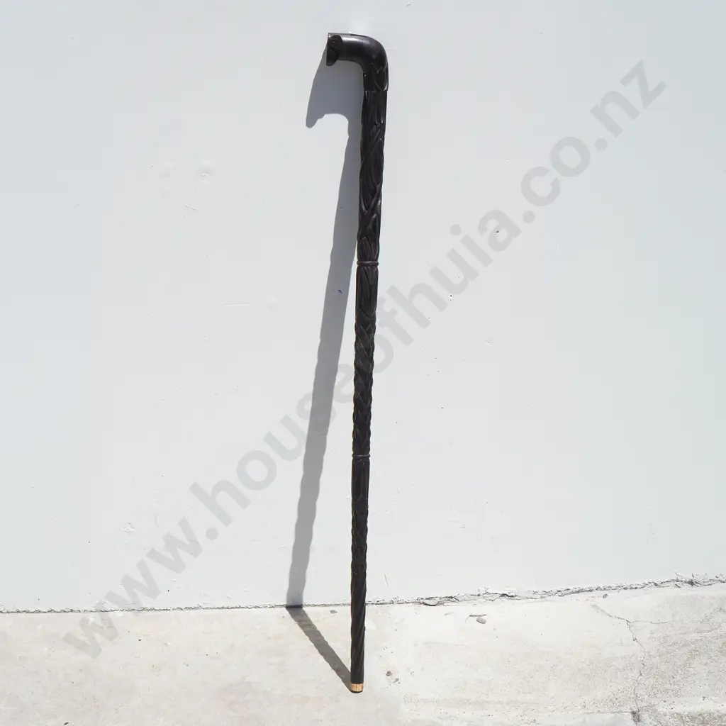 Wooden Ebony Carved Walking Stick w Bone Trim Image 1++