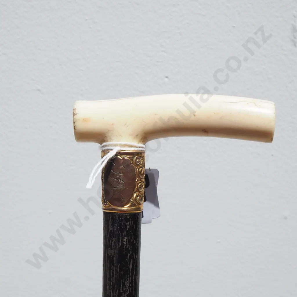 Gentleman's Walking Cane w Ornate Rolled Gold Ferrule & Elephant Ivory Handle Image 1++