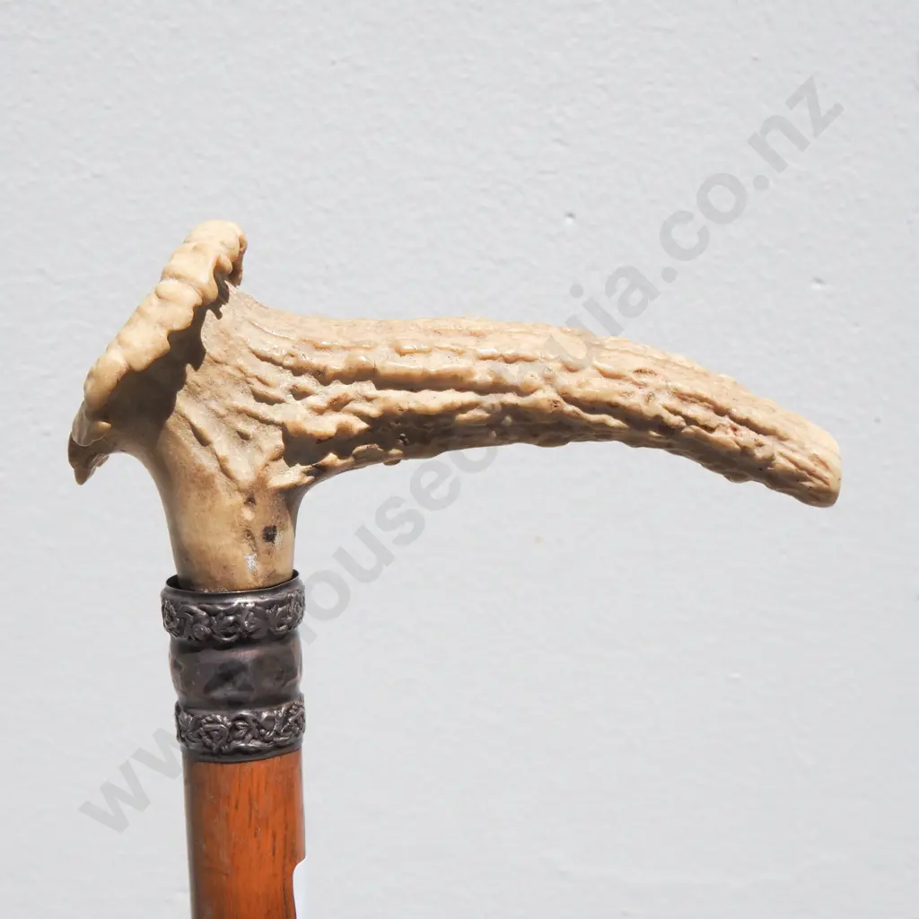 Silk Parasol w Antler Handle - Wooden Cane w Sterling Silver Collar Image 1++