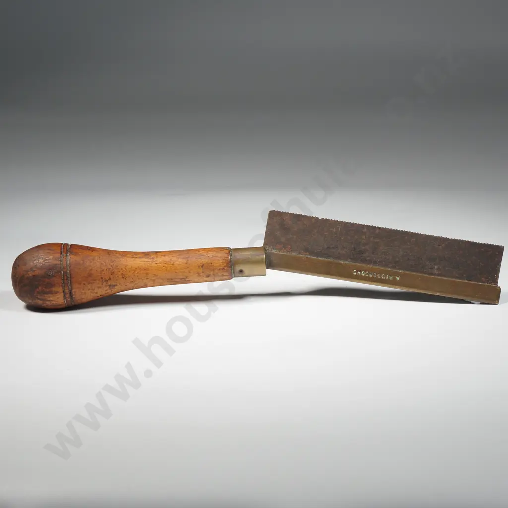 19th Century Brass Backed Veneer Saw w Turned Handles & Brass Ferrules By A Ridge & Sons Image 1++