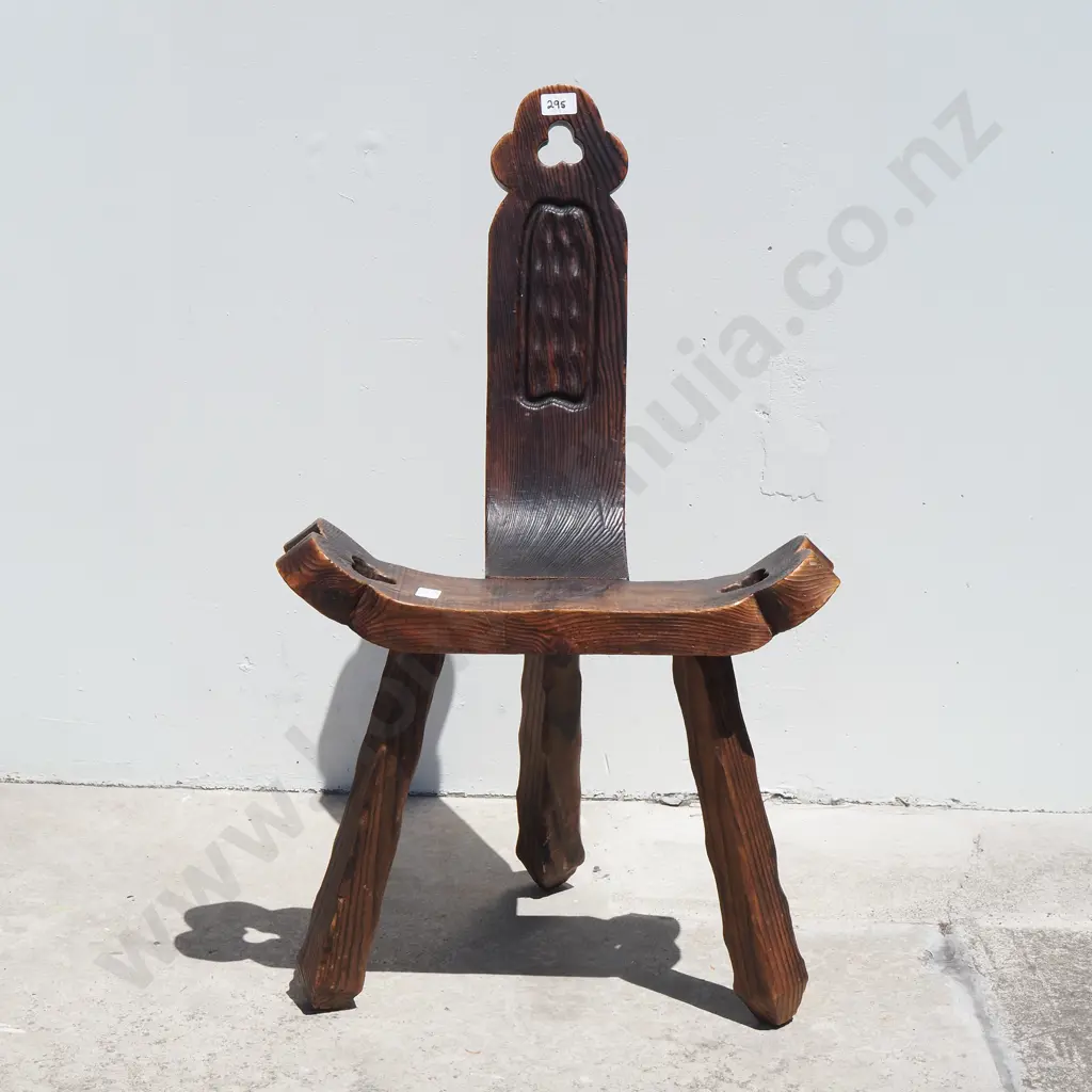 Brutalist Hand Carved Oak Spanish Tripod Chair  Image 1++