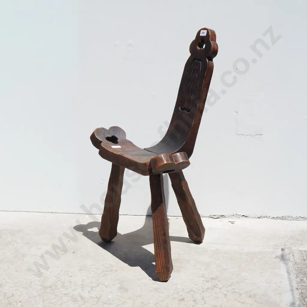 Brutalist Hand Carved Oak Spanish Tripod Chair  Image 1++