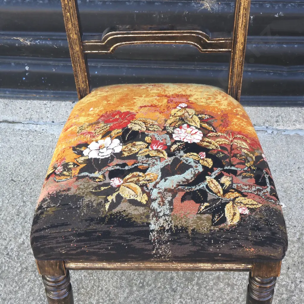 Edwardian  Ebonized Occasional Chair w Detailed Tapestry Sale Image 1++