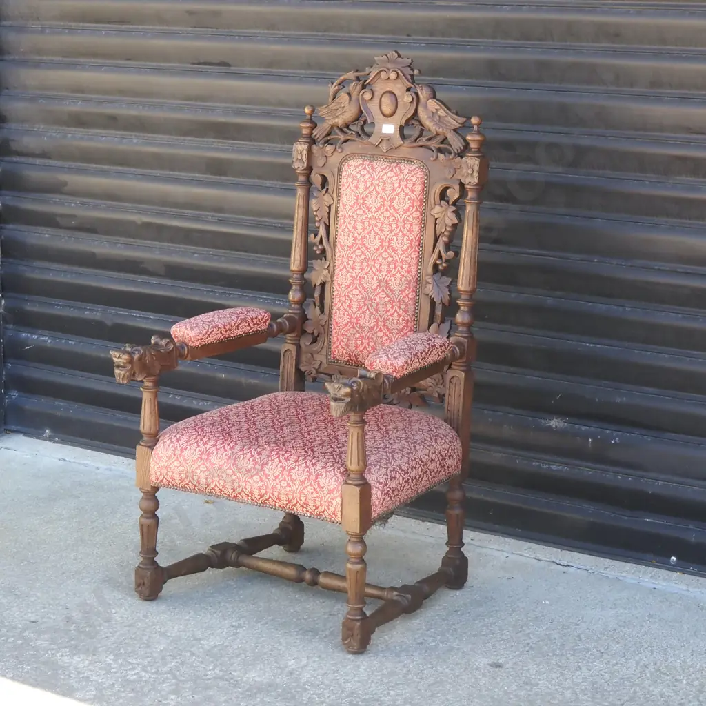Oak Edwardian Baronial Style Open Armchair w Carved Decoration Image 1++
