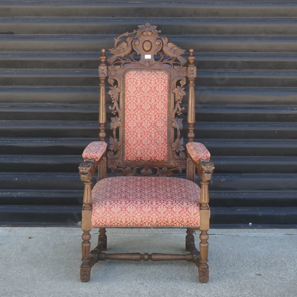 Oak Edwardian Baronial Style Open Armchair w Carved Decoration Image 1++