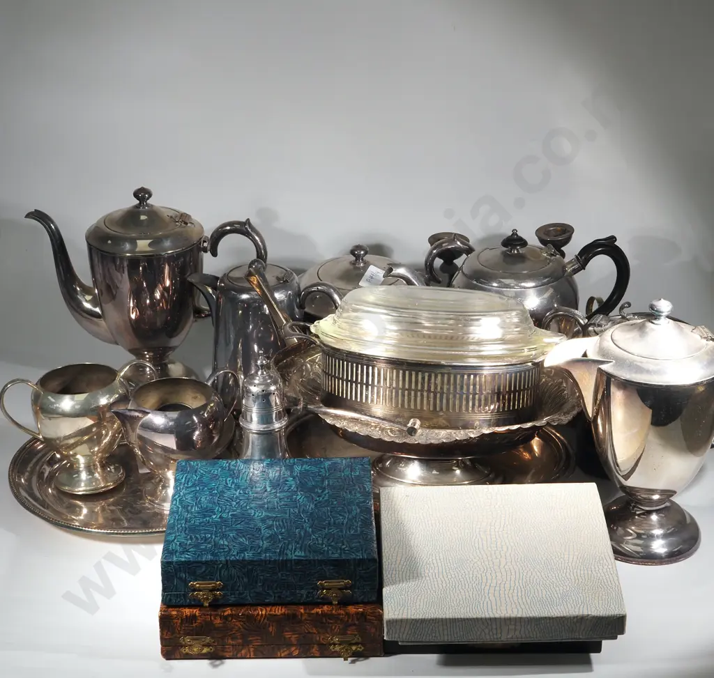 Large Collection Of Silver Plated Items to Include Teasets, Sugar Sifter, Cake Baskets, Gravy Boat & Four Boxes Cutlery Image 1++