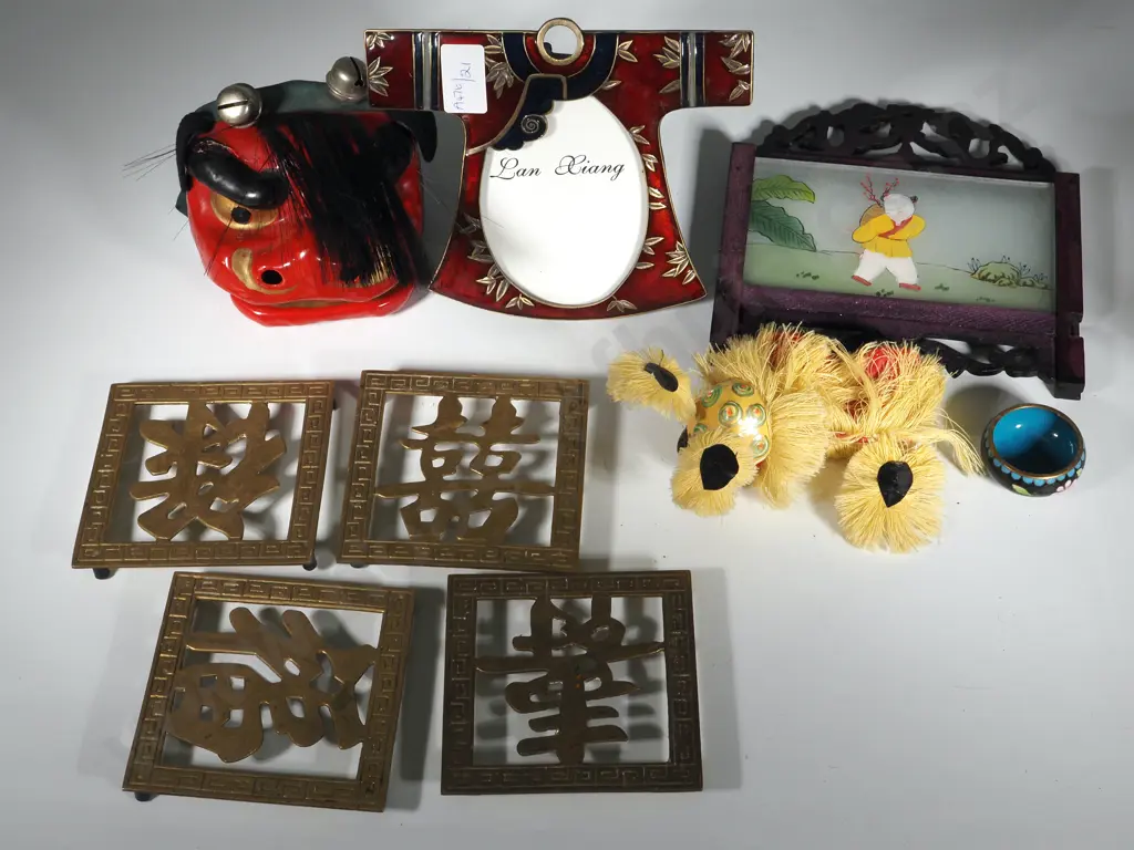 Japanese Glove Puppet, Enamel Kimono Shaped Photo Frame, Table Screen, Four Brass Trivets with Japanese Characters  Image 1++