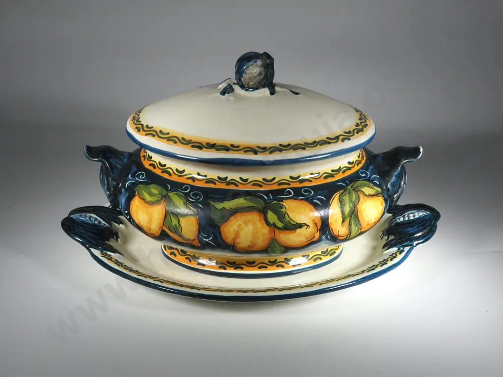 "Frutti Blue" Soup Tureen & Platter int eh Style of Ceramiche Ima Image 1++