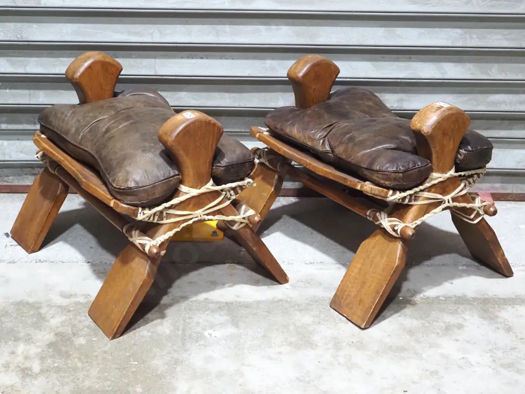 Two North African Camel Saddles - Leather Cushions Embossed w African Scenes Image 1++