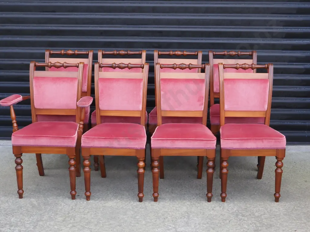 A Set Of Eight Rimu Dining Chairs, Including One Carver. Upholstered In Pink Dralon. Maker Gavin Cox  Image 1++
