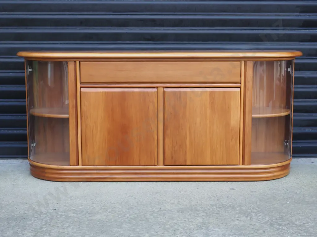 Sorenmobler Heart Rimu Sideboard/Buffet With Curved Glass Doors, Flocked Insert In Drawers & Two Centre Doors. Image 1++