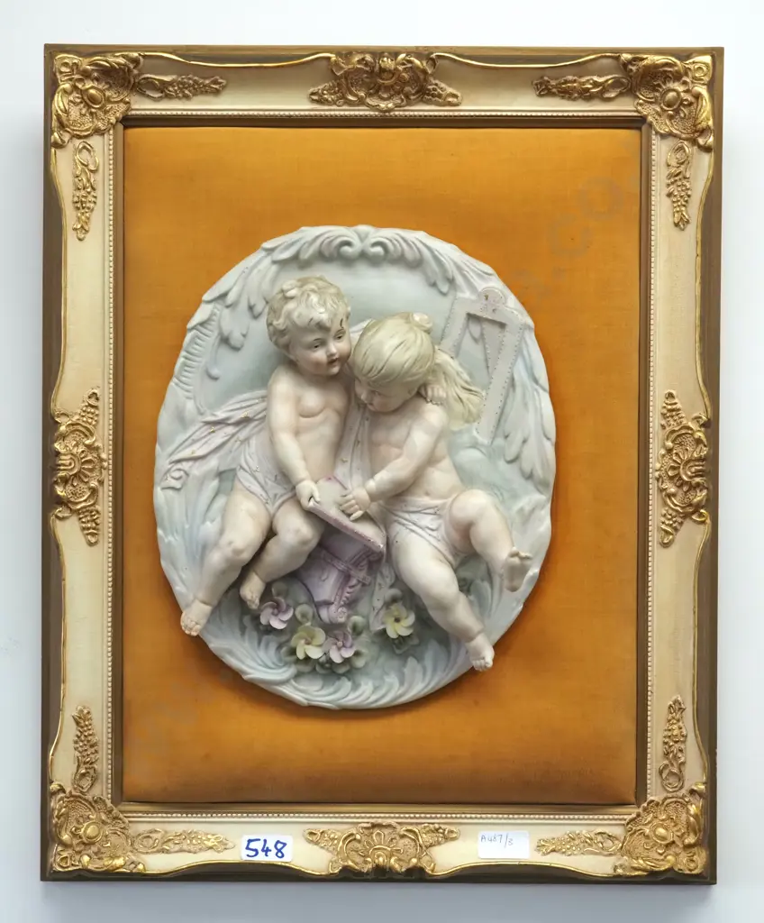 Vintage Oval German Bisque Bas Relief Wall Plaque w Cupids On A Velvet Ground w Ornate Gilt Frame Image 1++