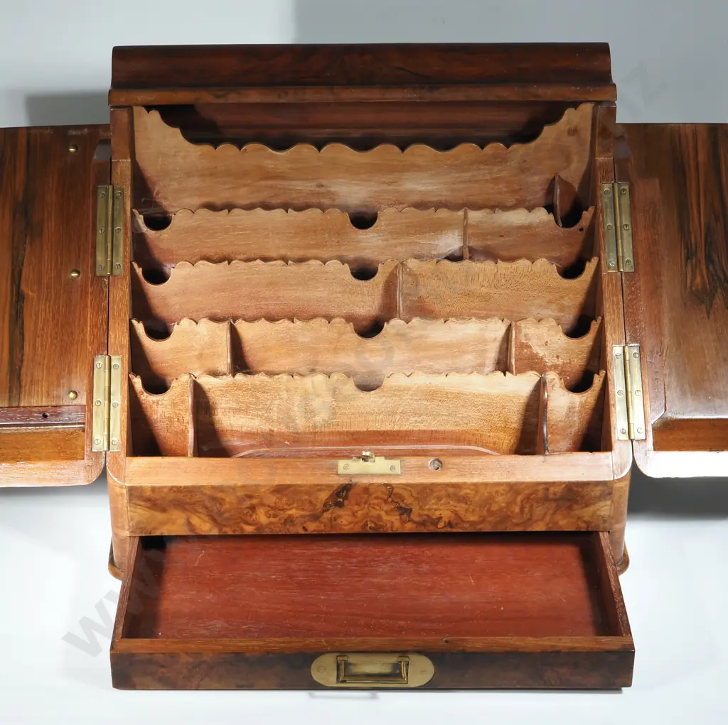 19th Century Burr Walnut Stationary Cabinet / Box with Sloping Hinged Doors Enclosing letter Compartment & A Drawer Image 1++